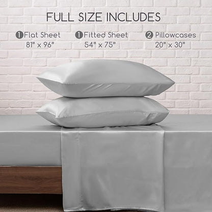 MR&HM Satin Bed Sheets, Full Size Sheets Set, 4 Pcs Silky Bedding Set with 15 Inches Deep Pocket for Mattress (Full, Silver Grey)