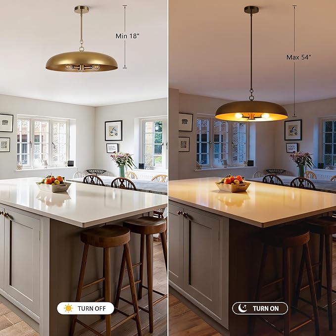 LamQee 20 Inch Oversized Large Pendant Lights, 3-Lights Brushed Gold Modern Dome Chandelier, Farmhouse Metal Pendant Lighting Fixture Ceiling Hanging for Kitchen Island, Dining Room Over Table, Bar