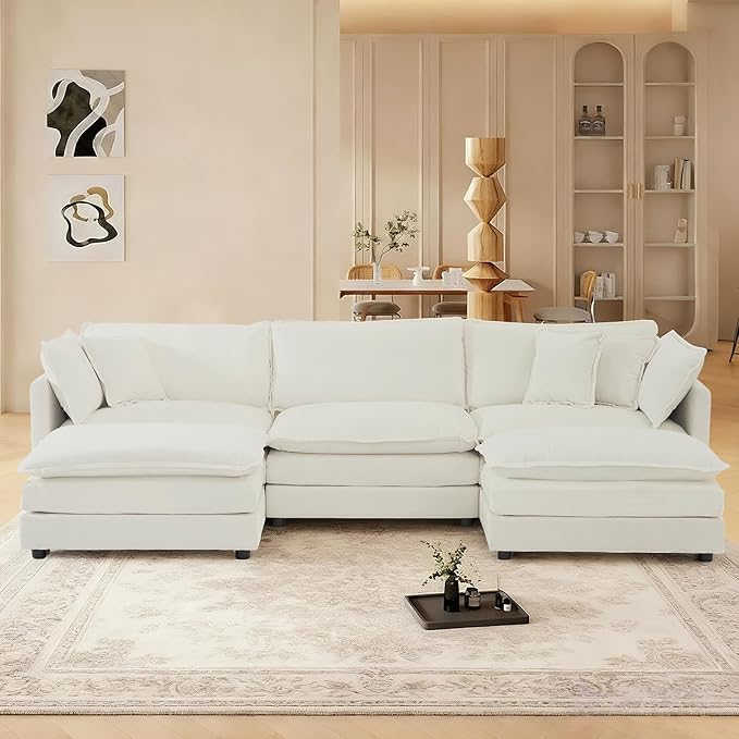 SoarFlash Chenille Sectional Sofa, Comfy L Shaped Modular Coush Sofa with Ottoman, Modern 3 Seat Couch Deep Seat Sofa Set for Living Room,White