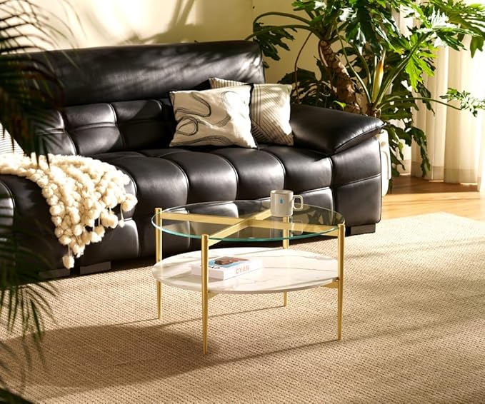 AGV LIGHTING Round Glass Coffee Table, Mid-Century Modern Coffee Table for Living Room, Glod Finish Leg, Tempered Glass Top with White Marble MDF Shelf