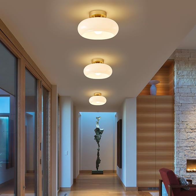 Mid-Century Modern Gold Semi Flush Mount Ceiling Light, Kitchen Ceiling Light Fixture with Glass Shade, Vintage White Close to Ceiling Lamp for Entryway Hallway Bathroom (11.0 Inch)