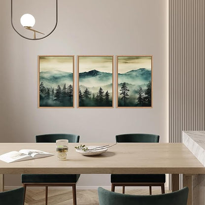 HOURIA Large Boho Mountain Forest Framed Canvas Wall Art Set,Nature Foggy Woodland Wall Decor,Modern Pine Tree Artwork,Watercolor Botanical Art Print for Living Room,Bedroom,Farmhouse- 16"x24"x3