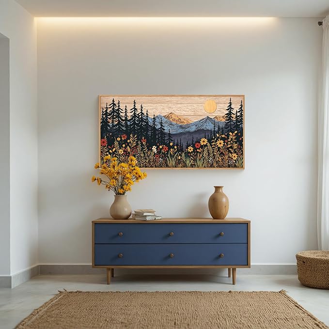 HOURIA Natural Mountain Floral Framed Canvas Wall Art,Modern Sunrise Forest Wall Decor,Boho Wildflower Woodland Landscape Artwork,Wilderness Pine Tree Field Art Print for Living Room,Office-20 x40 x1