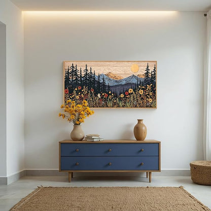 HOURIA Natural Mountain Floral Framed Canvas Wall Art,Modern Sunrise Forest Wall Decor,Boho Wildflower Woodland Landscape Artwork,Wilderness Pine Tree Field Art Print for Living Room,Office-20 x40 x1