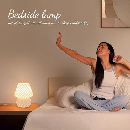 ONEWISH Mushroom Lamp-Small Table Lamp with Striped Glass, Nightstand Lamp for Bedroom, Living Room, 3000K E26 Bulb Included(White)