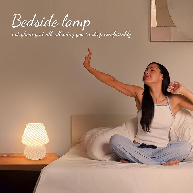 ONEWISH Mushroom Lamps Set of 2 - Small Table Lamp with Striped Glass, Nightstand Lamp for Bedroom, Living Room, Bulb Included(White)