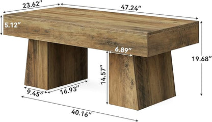 LITTLE TREE Farmhouse Coffee Table, 47 Inches Wooden Rectangular Accent Center Tables with Thick Base, Modern Low Cocktail Tea Furniture for Living Room (Rustic Brown)