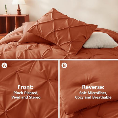 CozyLux Full Size Comforter Sets Burnt Orange, 7 Pieces Pintuck Bed in A Bag Terracotta Comforter Full Size, Pinch Pleat Bedding Sets with All Season Comforter, Sheets, Pillowcases & Shams