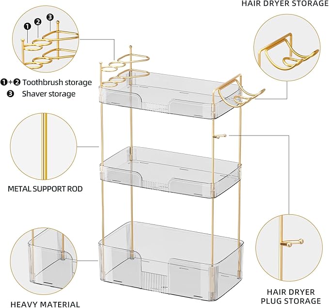 3 Tier Bathroom Organizer Countertop Makeup Perfume Skincare Organizer Comes with Hair Dryer Rack and Toothbrush Holder for Bathroom Dresser Vanity (White)