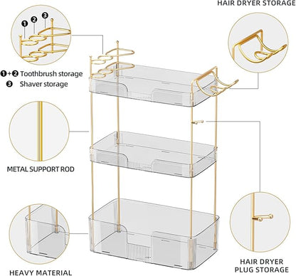3 Tier Bathroom Organizer Countertop Makeup Perfume Skincare Organizer Comes with Hair Dryer Rack and Toothbrush Holder for Bathroom Dresser Vanity (White)