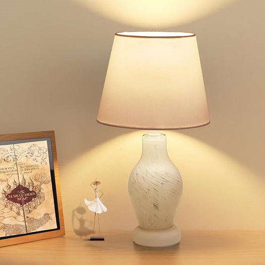 ONEWISH Modern Table Lamp-Small Bedside Nightstand Lamp with Wine Bottle Shape Glass Body, Desk Lamp for Reading, 3000K Bulb Included, 14", White