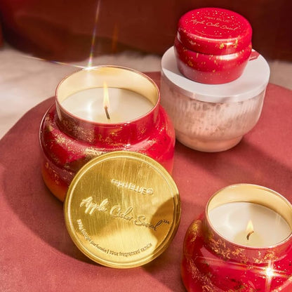 Capri Blue Scented Candles - Glimmer Collection - Ombre Glass Candle - Luxury Apple Candles for Women & Men - Signature Jar in Cranberry Red and Gold (Apple Cider Social, 19 oz)