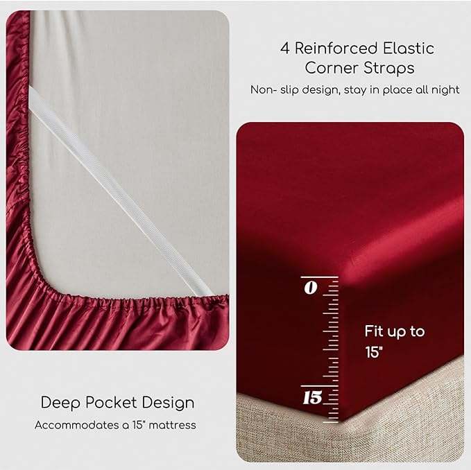 MR&HM Satin Bed Sheets, Queen Size Sheets Set, 6 Pcs Silky Bedding Set with 15 Inches Deep Pocket for Mattress (Queen, Burgundy)