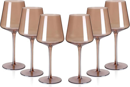 Colored Wine Glasses Set of 6-18oz Smokey Sand Wine Glass with Tall Long Stems and Flat Bottom,Crystal Amber Wine Glasses-Unique Gifts for Wine Lovers,Wedding,Engagement Gifts(Smokey Sand)