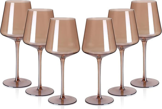 Colored Wine Glasses Set of 6-18oz Smokey Sand Wine Glass with Tall Long Stems and Flat Bottom,Crystal Amber Wine Glasses-Unique Gifts for Wine Lovers,Wedding,Engagement Gifts(Smokey Sand)