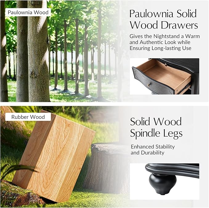 HULALA HOME Wooden Nightstand with Pull-Out Shelf, Mid Century Modern Nightstand with Solid Wood Drawers and Legs, Adjustable Storage, Black