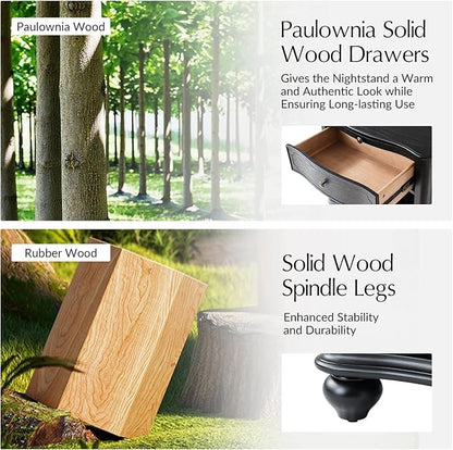 HULALA HOME Wooden Nightstand with Pull-Out Shelf, Mid Century Modern Nightstand with Solid Wood Drawers and Legs, Adjustable Storage, Black