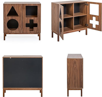 WERMO 37'' Showcase Display Cabinet with Geometric Cut-Out Doors - Modern Curio Cabinet for Dining Room, Living Room, Entryway. Trophy Case, Collectible Display Case Wood with Door & Storage Consoles (Walnut)