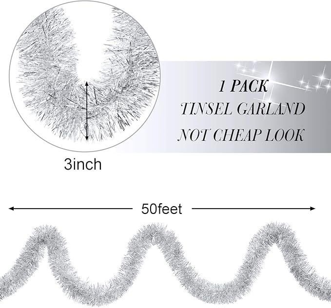 WILLBOND 50 ft Christmas Tinsel Garland Metallic Tinsel Twist Garland Christmas Tree Decorations New Year Wedding Birthday Hanging Decorations Party Supplies, 3 Inch(Silver)