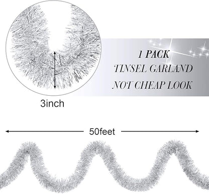 WILLBOND 50 ft Christmas Tinsel Garland Metallic Tinsel Twist Garland Christmas Tree Decorations New Year Wedding Birthday Hanging Decorations Party Supplies, 3 Inch(Silver)