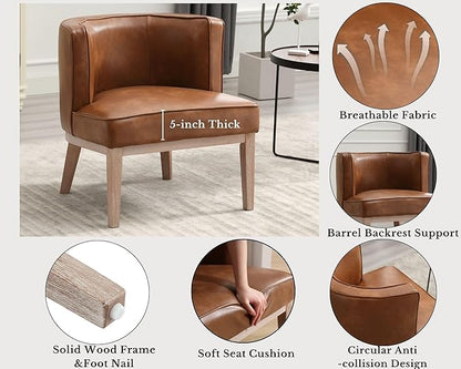 Barrel Chairs Set of 2 Mid Century Modern Accent Chairs with Solid Wood Leg Upholstered Reading Arm Chair Faux Leather Waiting Room Round Side Chairs for Small Spaces Living Room Bedroom Office, Brown