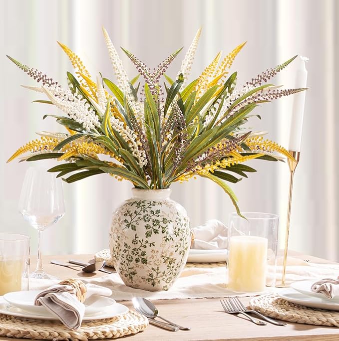 Ceramic Rustic Vase, Green and Beige Flower Vintage Decorative Vase Chinoiserie Decor Rustic Farmhouse Retro Floral Vases for Table Bookshelf Mantel Kitchen Living Room Office- 7.8inch