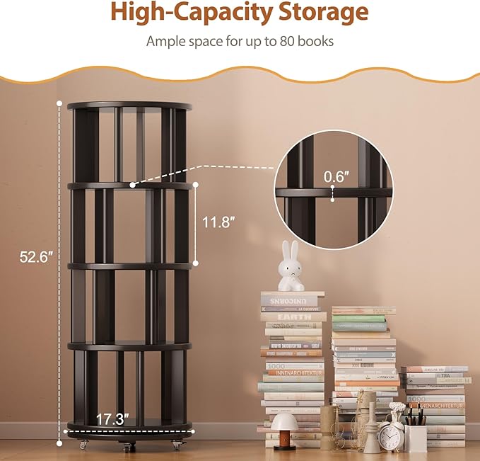Solid Wood Rotating Bookshelf on Wheels, 4 Tier, Round Revolving Bookcase, 360° Spinning Book Shelf Tower for Kids, Narrow Rolling Bookshelves for Small Space, Corner, Bedroom, Office, Black