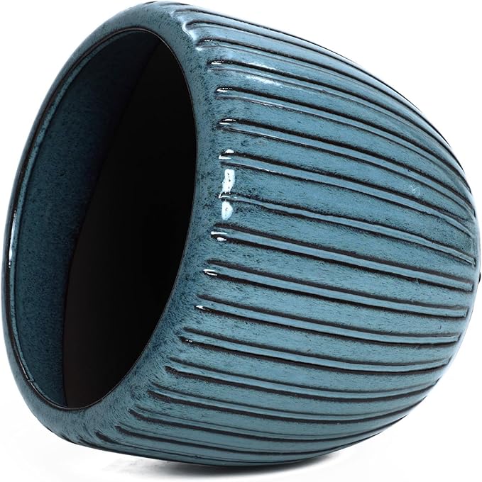 LuxenHome 11" Dia Ceramic Planters, Indoor Outdoor Large Plant Pots with Drainage Holes and Rubber Plug, Modern Glazed Decorative Flower Pots, Sea Green Ribbed Round Planters for Home Garden Patio