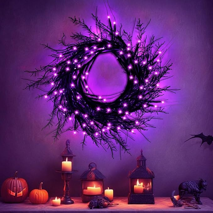 6 Ft 54 LED Halloween Willow Vine Twig Decor Garland with 8 Modes Timer Waterproof Battery Operated Scary Halloween Decorations for Home Wall Mantle Fireplace Decor