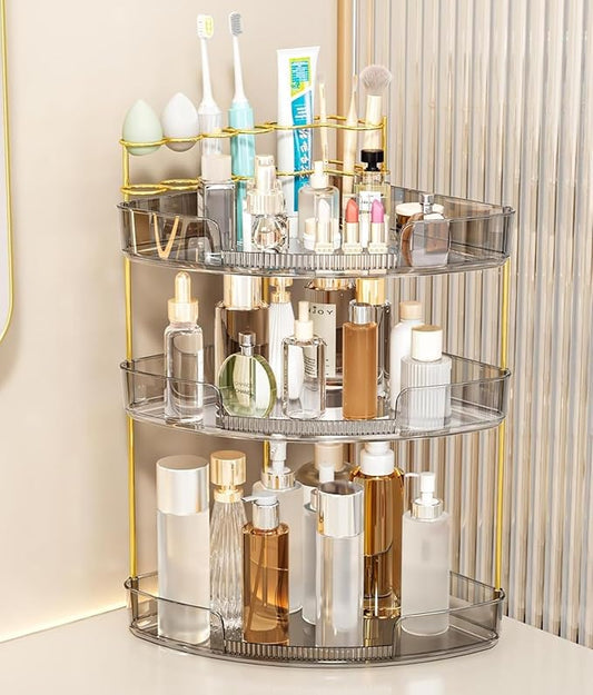 FELIZHOUSE 3-Tier Makeup Organizer for Vanity & Bathroom Countertop – Acrylic Storage Shelf with Perfume Makeup Brush Holder, Tool-Free Installation, Design for Bathroom & Dresser - Grey