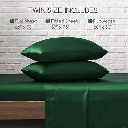 MR&HM Satin Bed Sheets, Twin Size Sheets Set, 3 Pcs Silky Bedding Set with 15 Inches Deep Pocket for Mattress (Twin, Dark Green)