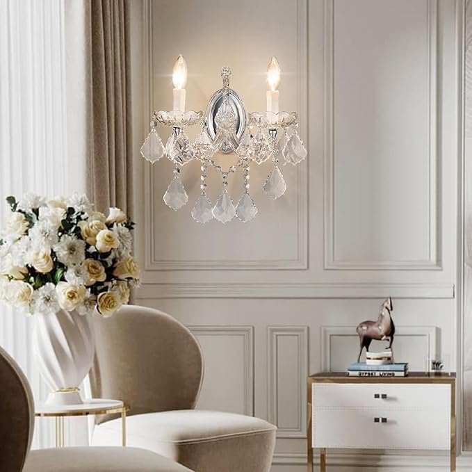 Crystal Wall Sconce Lighting, 2-Light Modern Crystal Wall Light Fixture Bathroom Maria Theresa Wall Lamp Light Fixtures Chrome Wall Sconce Light Wall Mounted Lamp for Living Room,Bedroom,Indoor