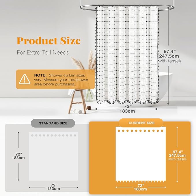 BTTN Extra Long Shower Curtain - 72x96 Inch Long Boho Chic Linen Fabric Heavy Duty Shower Curtain Set with Hooks, Bohemian Farmhouse Shabby Chic Tassel Shower Curtains for Bathroom - White and Black