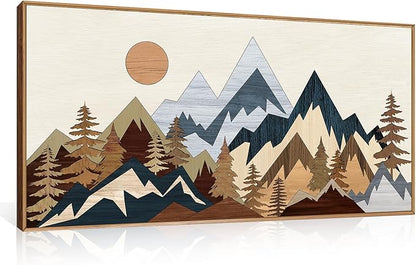 HOURIA Mid Century Mountain Woodland Framed Wall Art Set,Boho Sunrise Pine Tree Wall Decor,Wilderness Nature Forest Artwork,Modern Woodcut Field Art Print for Living Room,Bedroom,Office- 20"x40"x1