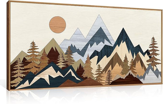 HOURIA Mid Century Mountain Woodland Framed Wall Art Set,Boho Sunrise Pine Tree Wall Decor,Wilderness Nature Forest Artwork,Modern Woodcut Field Art Print for Living Room,Bedroom,Office- 20"x40"x1