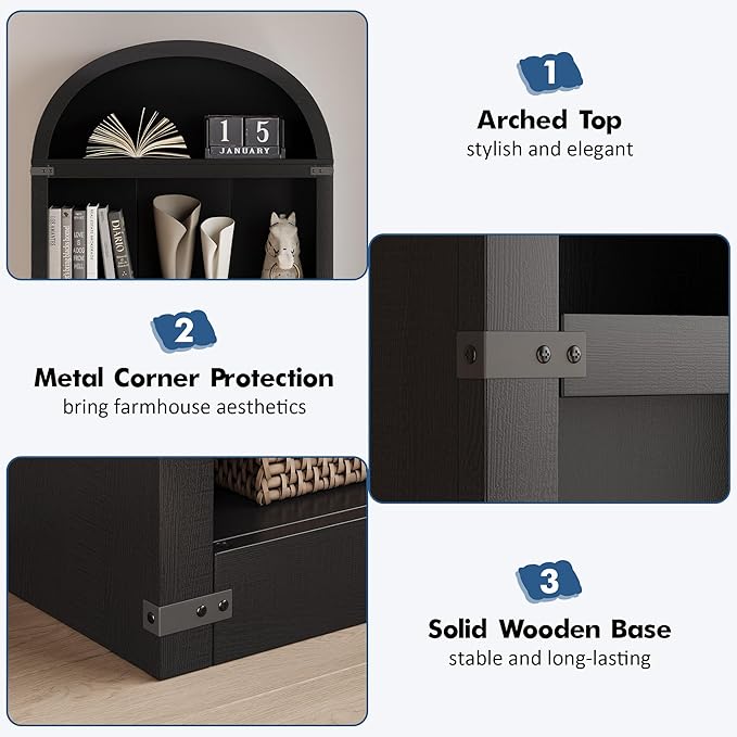 GarveeHome Bookcase 5 Shelf Arched Bookshelf 71.65 in Tall Bookcase Farmhouse Display Storage Rack Wooden Bookshelves for Home Office, Living Room