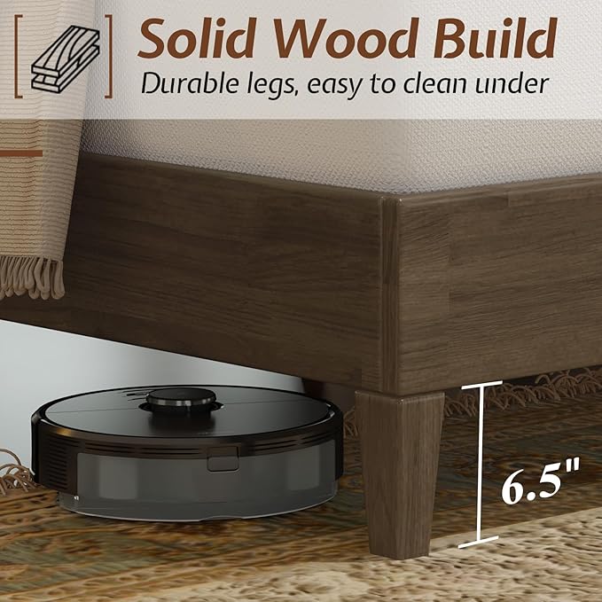 Jocisland Wood Full Size Bed Frame,Tall Upholstered Tufted Headboard, Solid Wood Platform, No Box Spring Needed, Ash Gray