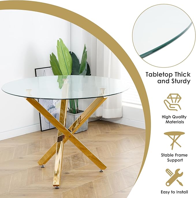 Modern Luxury Round Glass Dining Table Set for 4, 39'' Clear Circular Kitchen Table Set, 5 Pieces Minimalist Circle Dinner Room Table Set with Grey Woven Dining Chair, for Small Place (Gold)
