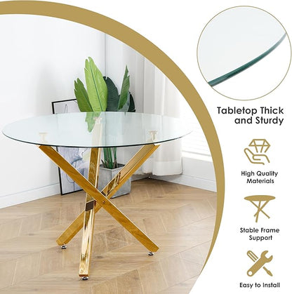 Modern Luxury Round Glass Dining Table Set for 4, 39'' Clear Circular Kitchen Table Set, 5 Pieces Minimalist Circle Dinner Room Table Set with Grey Woven Dining Chair, for Small Place (Gold)