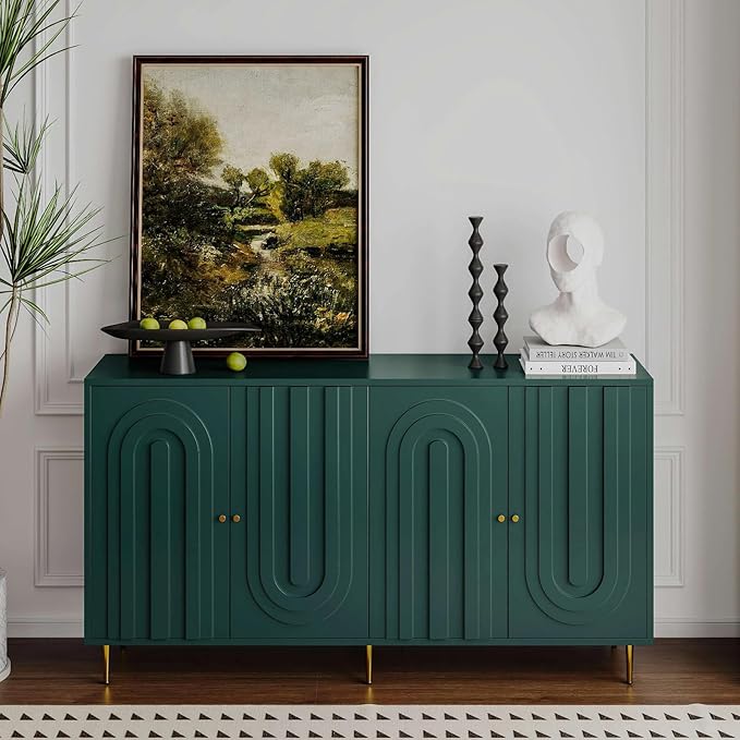 60" Modern Sideboard Buffet Accent Cabinet, Green Entryway Table with Storage Wood Credenzas for Living Room Home Bar, 4 Doors & Adjustable Shelves