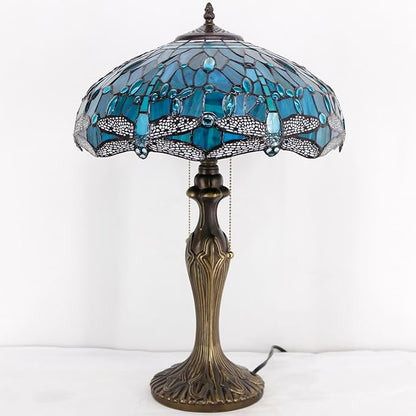 WERFACTORY Tiffany Table Lamp Green Stained Glass Dragonfly Bedside Lamp 16X16X24 Inches Desk Reading Light Metal Base Decor Bedroom Living Room Home Office S622 Series