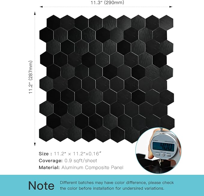 12-Sheet Peel and Stick Backsplash Tile, Hexagon Black Brushed Aluminum Texture Panel Self-Adhesive Mosaic Tiles for Kitchen Bathroom Fireplace