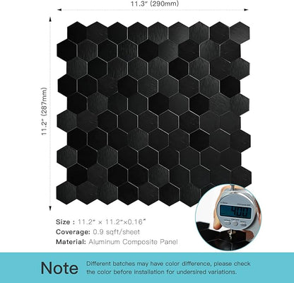 12-Sheet Peel and Stick Backsplash Tile, Hexagon Black Brushed Aluminum Texture Panel Self-Adhesive Mosaic Tiles for Kitchen Bathroom Fireplace