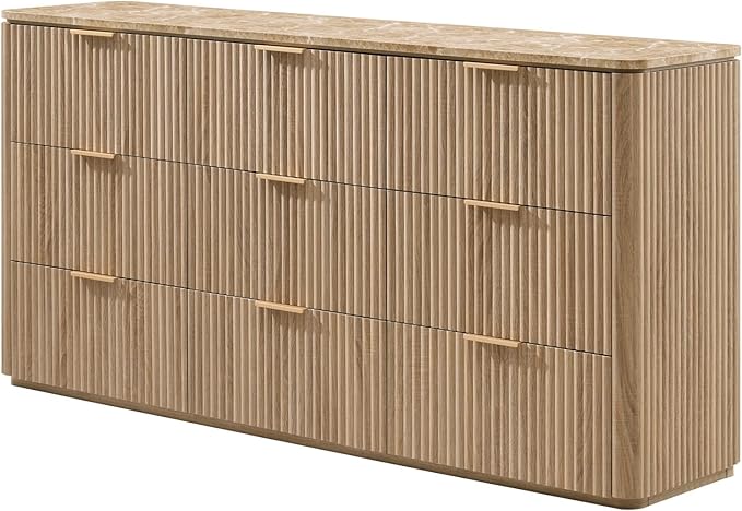 Fluted 9 Drawer Dresser for Bedroom, 63" Wide Modern Chest of Drawers with Faux Marble Top, Curved Corners, Wooden Dresser TV Stand with Organizer Storage for Living Room (Natural Oak, 63" W)