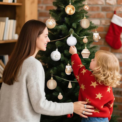 DeckTheHalls 42 Pcs Christmas Ornaments, Various Styles of Christmas Ball Ornaments, Shatterproof Christmas Balls for Holiday Xmas Tree Decor, Hanging Ornament for Indoor Decoration (Gold & White)