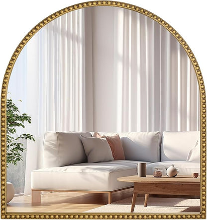 28x26 Inch Arched Bathroom Mirror, Antique Gold Wall Mirror Metal Beaded Frame, Vanity Mirror for Dresser Living Room Bedroom Mantel Entryway Hallways