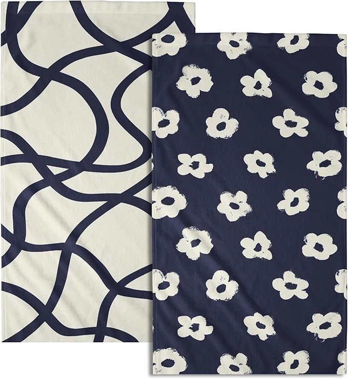 Modern Style Kitchen Towels Navy Blue Geometrical Stripe Set of 2 Quick Dry Microfiber Flower Pattern for Home Kitchen