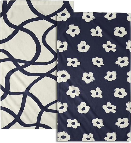 Modern Style Kitchen Towels Navy Blue Geometrical Stripe Set of 2 Quick Dry Microfiber Flower Pattern for Home Kitchen