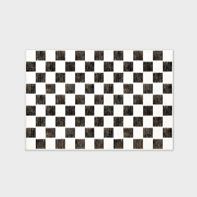 EVERGRACE Checkered Plaid Area Rug 4x6, Soft Faux Wool Rugs Washable Anti Slip Rugs Large Rug Carpet for Entryway Bedroom Living Room Hallway Kitchen Dining Room and Laundry Room, Black
