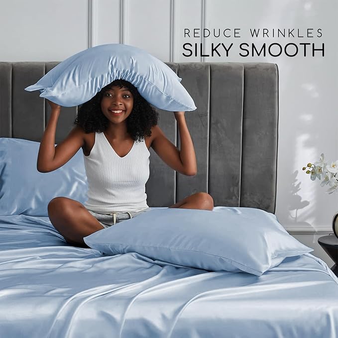 MR&HM Satin Bed Sheets with Elastic Corner Straps, Full Size Sheets Set, 4 Pcs Silky Bedding Set with 15 Inches Deep Pocket for Mattress (Full, Blue Haze)